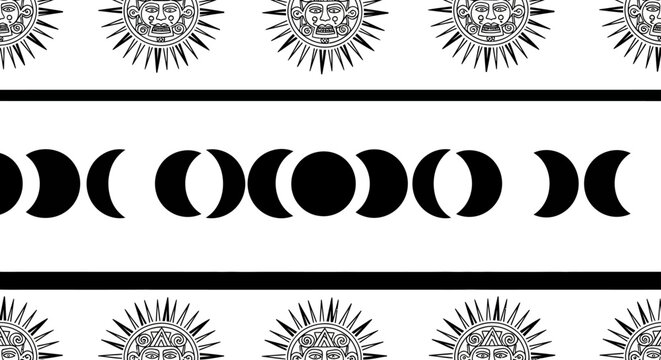 aztec sun pattern with repeating lunar phases illustrating celestial cycles and ancient culture ideal for graphic design and spiritual themes