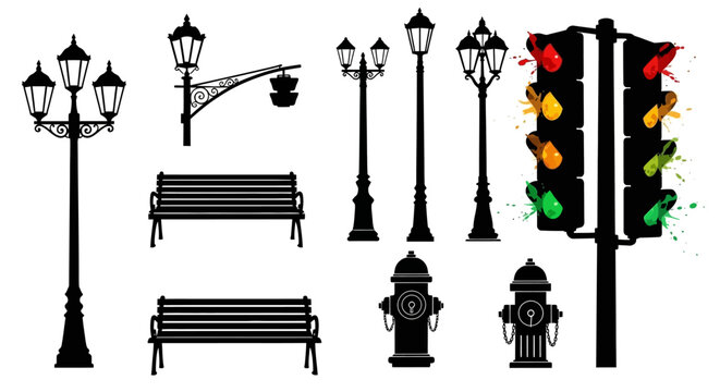 urban elements street furniture city infrastructure set lampposts benches fire hydrants and a colorful traffic light.