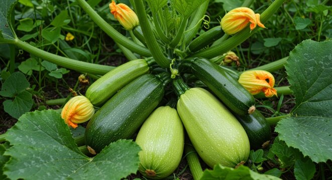 Green zucchini squash plant growing.