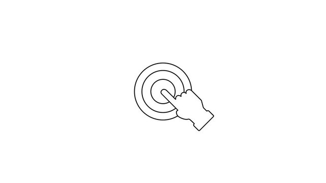 A circular target icon with a hand pointer cursor at center on white background depicting a click interaction animation