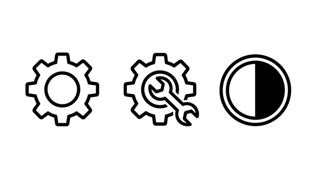 Industrial maintenance and brightness adjustment settings line icons with brightness settings maintenance configuration mechanical contrast technical equipment interface engineering software