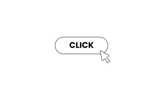 A minimal outlined click button with a cursor arrow beside it on white background for ui motion design