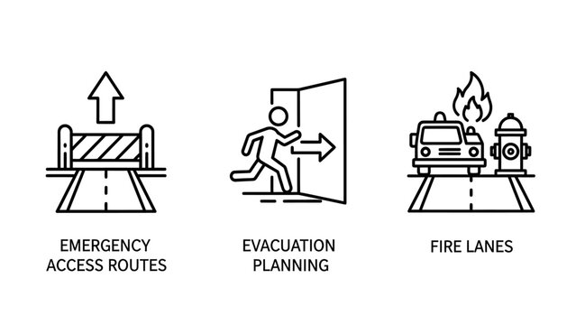 Set of three safety and emergency planning icons for fire lanes and access routes with emergency evacuation planning prevention protection security firefighter management building protocol