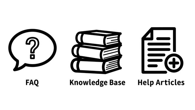 Information and support service icons for faq knowledge base and help articles with knowledge articles question documentation information interface customer document learning education