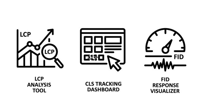 Website performance analysis icons for lcp metrics cls tracking and fid response visualization with performance analysis dashboard tracking response visualizer development optimization