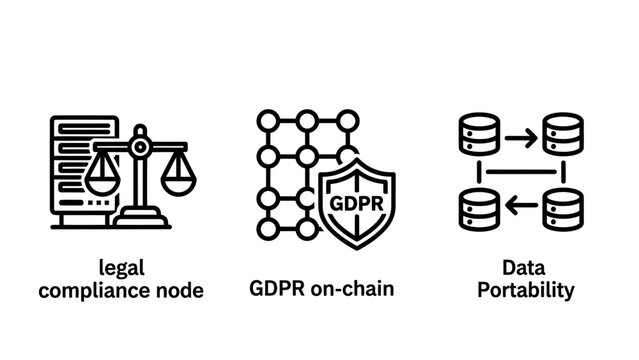 Legal compliance node gdpr on chain and data portability concept icons with compliance portability regulation security blockchain protection database transfer information corporate business