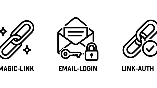 Authentication and account security linear icon set featuring magic link and email login authentication security password protection internet envelope identity verification connection
