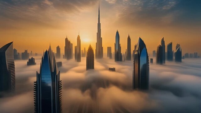 Golden city shrouded in ethereal mist