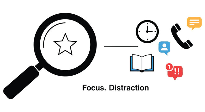A magnifying glass focuses on a star amidst digital distractions