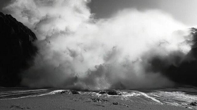 Epic black and white ocean wave crashing against rocks and forming large sea foam on the beach with dramatic sky