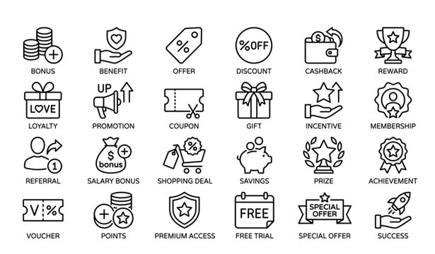 Business rewards and marketing promotion line icons set.