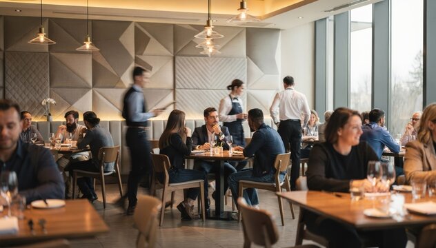 Close medium shot capturing mixed color temperature lighting over a busy dining room with sounddampening wall panels subtly blurring aiding fast customer transition.