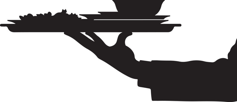 Black silhouette of hand holding tray with food and teapot