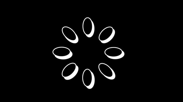 A circular loading spinner made of rotating white oval shapes on black background forming a classic preloader animation