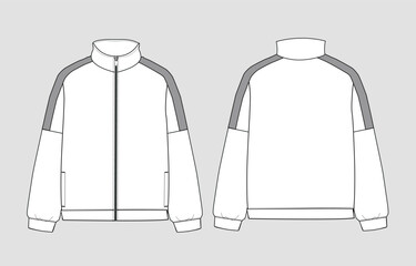 Long sleeve jacket with pocket and zipper technical fashion flat sketch vector illustration template front and back views. Fleece jersey sweatshirt jacket for men's and boys.  © ClothingArtStudio 