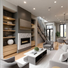 Fototapeta premium Modern living room with fireplace, gray armchairs, wooden shelves, marble accents, large windows, open kitchen, and natural light