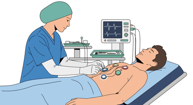 Nurse attaching ECG electrodes to patient for heart monitoring in hospital