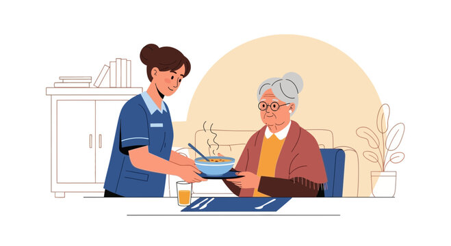Nurse serving food to elderly woman in nursing home, care and support