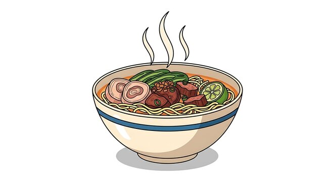 Vector illustration of a hot bowl of noodle soup with meat, vegetables and lime on white background
