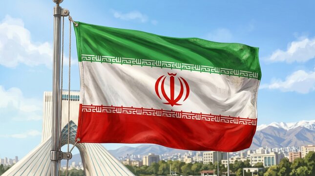 Iranian flag waving in the wind with city background