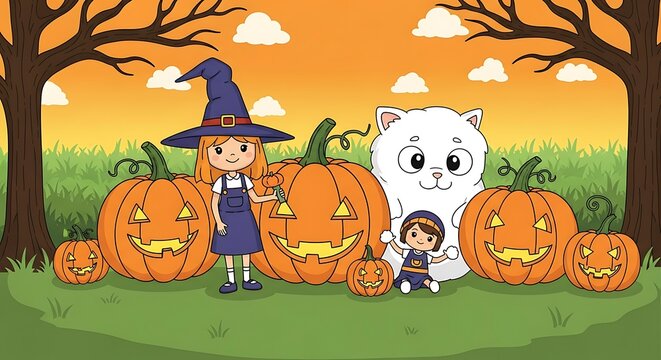 Cartoon illustration of a young witch and white cat standing in a pumpkin patch for Halloween