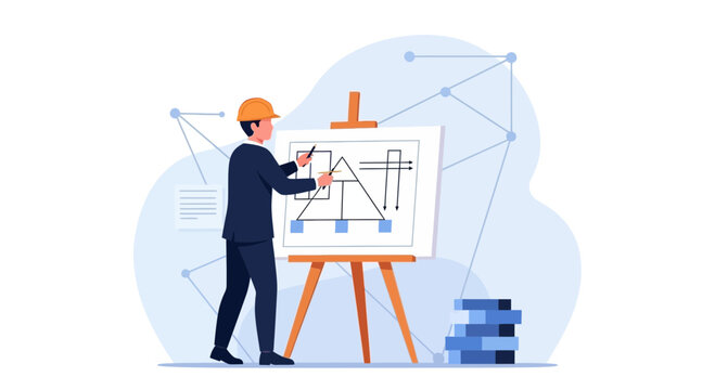 Architect designing blueprint on easel with construction elements