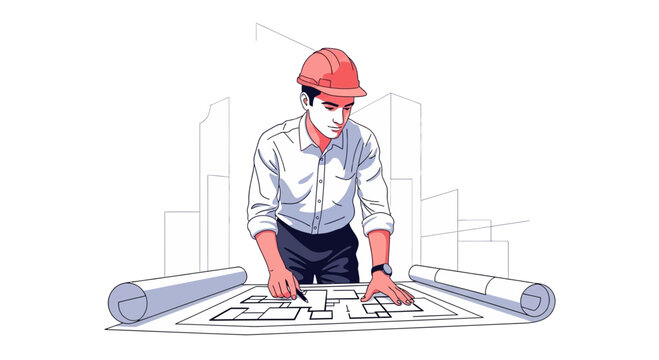 Architectural plans review by engineer in hard hat, city blueprint design concept