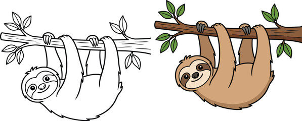 Obraz premium Cute cartoon sloth hanging from a tree branch in a forest