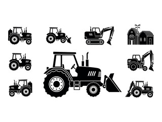 Black silhouette farm equipment collection tractors excavators and grain silos illustration © NusratJahan
