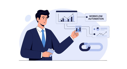 Obraz premium Business man illustrating workflow automation and data analysis with charts