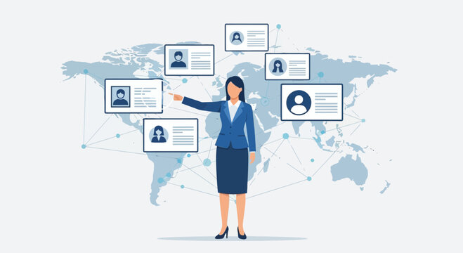 Businesswoman managing global talent pool on world map background