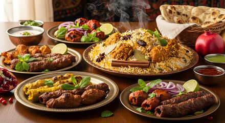 Obraz premium Delicious spread of Middle Eastern and Indian cuisine with various dishes.