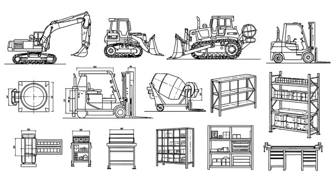 detailed technical drawings of heavy industrial machinery construction equipment and workshop storage solutions for engineering and manufacturing projects