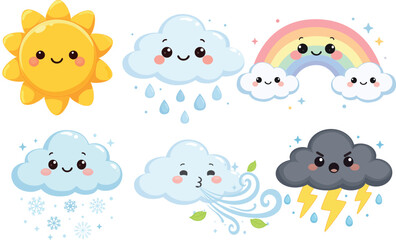 Obraz premium Set of cute kawaii weather icons: sun, cloud with rain, rainbow, snow, wind and thunderstorm. Adorable cartoon characters for kids apps, forecasts, stickers, educational games and children design.