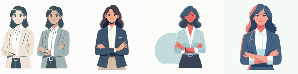 Fototapeta premium Four diverse businesswomen in professional attire with arms crossed.