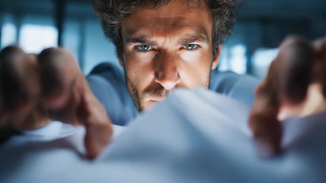 A man experiencing a moment of intense emotional tension, grabbing the sheet in a bedroom.