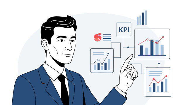 Businessman analyzing KPI data charts and graphs for business growth strategy