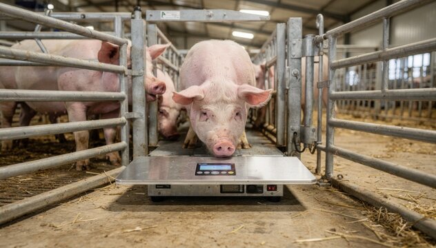 Medium shot showing a digital livestock scale integrated into a gated chute capturing pigs being guided carefully for precise weight measurement under bright overhead lighting.