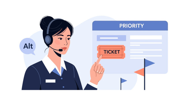 Customer service agent selects 'ticket' on priority board, illustration