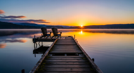 Fototapeta premium Wooden dock extending into a calm lake at sunrise.