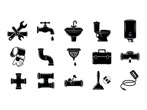 Plumbing tools and fixtures silhouette icons a comprehensive set for repair and installation