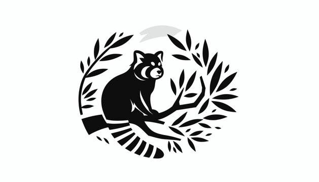 Stylized Raccoon Sitting on a Tree Branch Surrounded by Leaves.