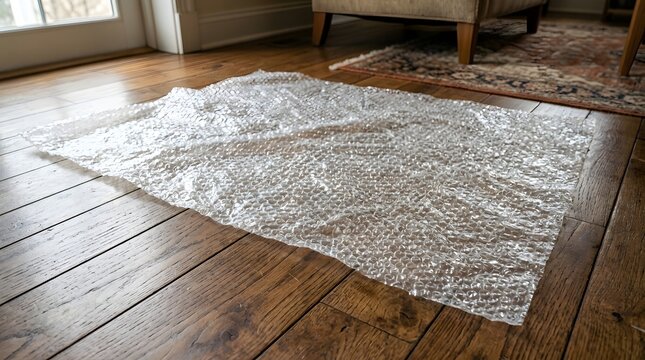 Clear plastic bubble wrap on floor of a modern living room, preparing for house relocation and shipping fragile items for safety concept
