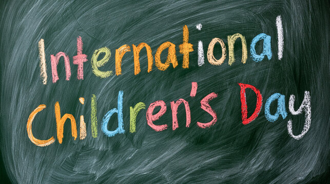 Vibrant multicolored chalk script spells "International Children's Day" across a dusty emerald blackboard, symbolizing a joyous global celebration.