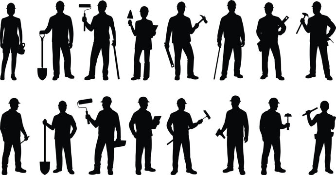 Construction workers silhouette set with builders, painters, engineers and hand tools isolated on white background for industry design