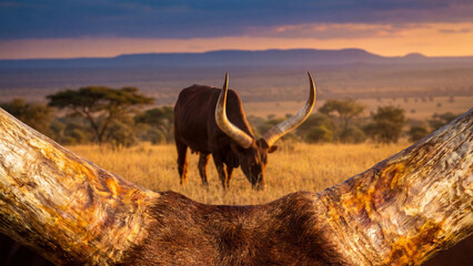Fototapeta premium Ankole bull in golden savanna framed by huge horns at sunset wildlife scene
