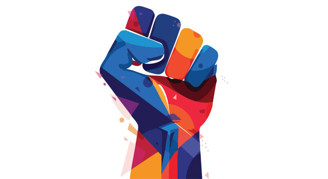 Vibrant worker solidarity vector fist raised high in colorful geometric pattern symbolizing workers unity and strength