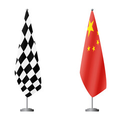 Fototapeta premium Checkered and China flags on flagpoles for official ceremonies and meetings, transparent background vector