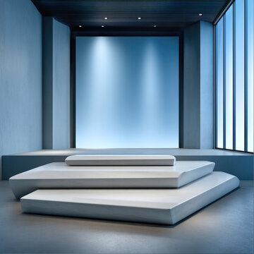 Modern minimal interior with geometric white platform, large window, blue wall, and soft natural light, creating calm and elegant atmosphere