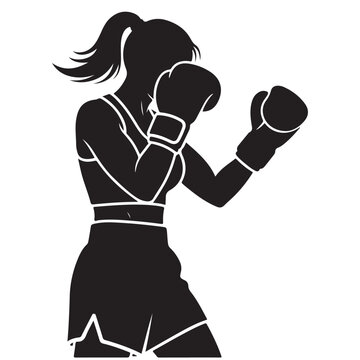 Female boxer vector silhouette in a fighting stance wearing boxing gloves. Representing women's sports, fitness training, and martial arts strength